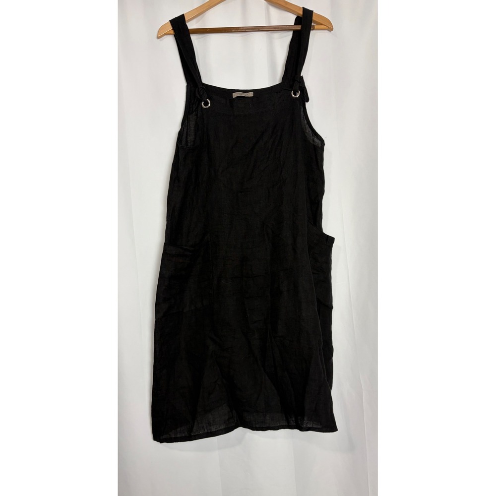 Luisa Perla Black 100% Linen Pinafore Dress Lagenlook Pockets Layering Medium
